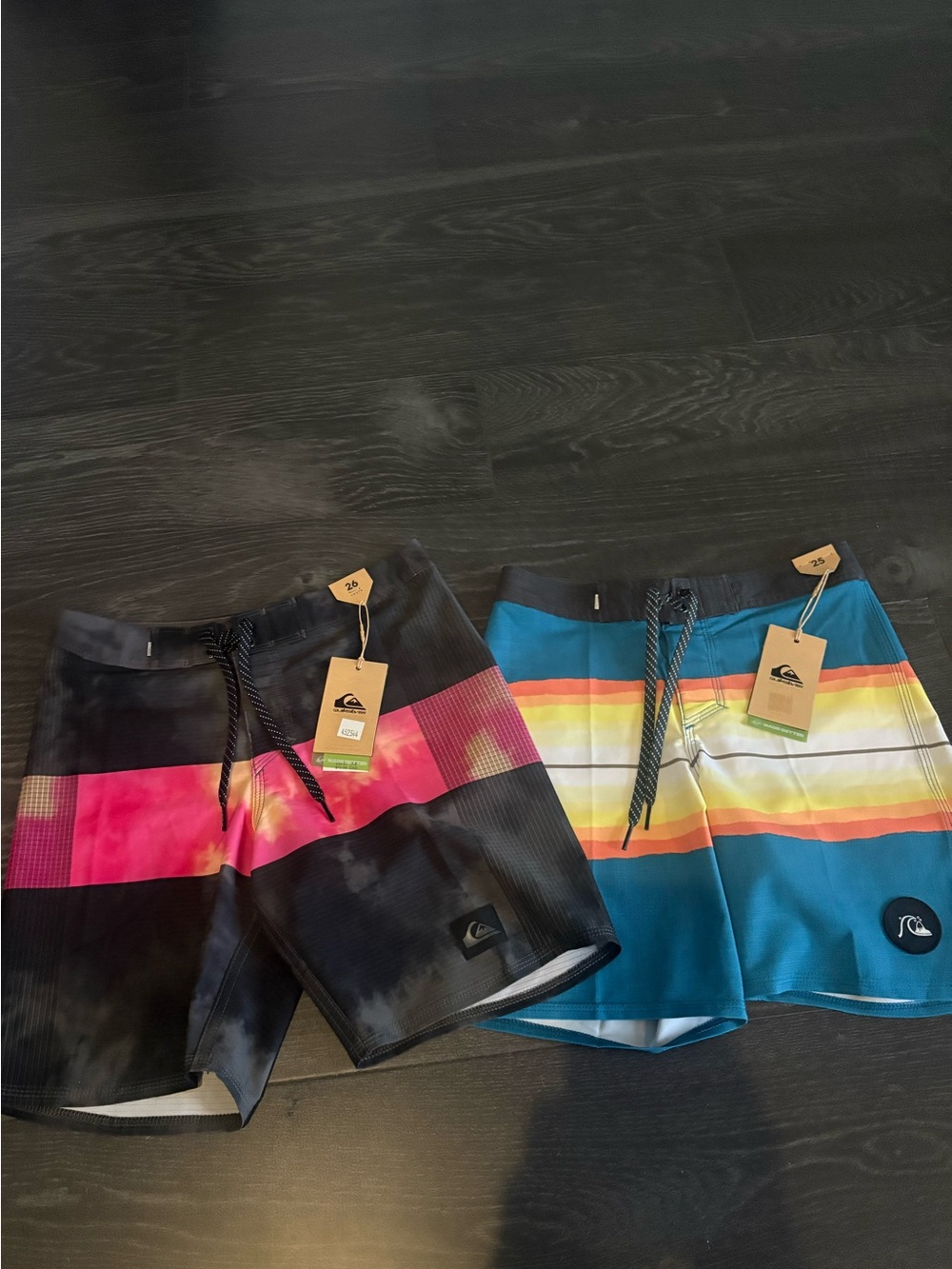Quiksilver Boy’s Stripe Boardshorts, Black/Pink & Blue/Yellow, Size 25 & 26, NWT